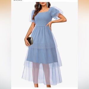 Smoked tulle midi  shimmer square neck puffy sleeve dress